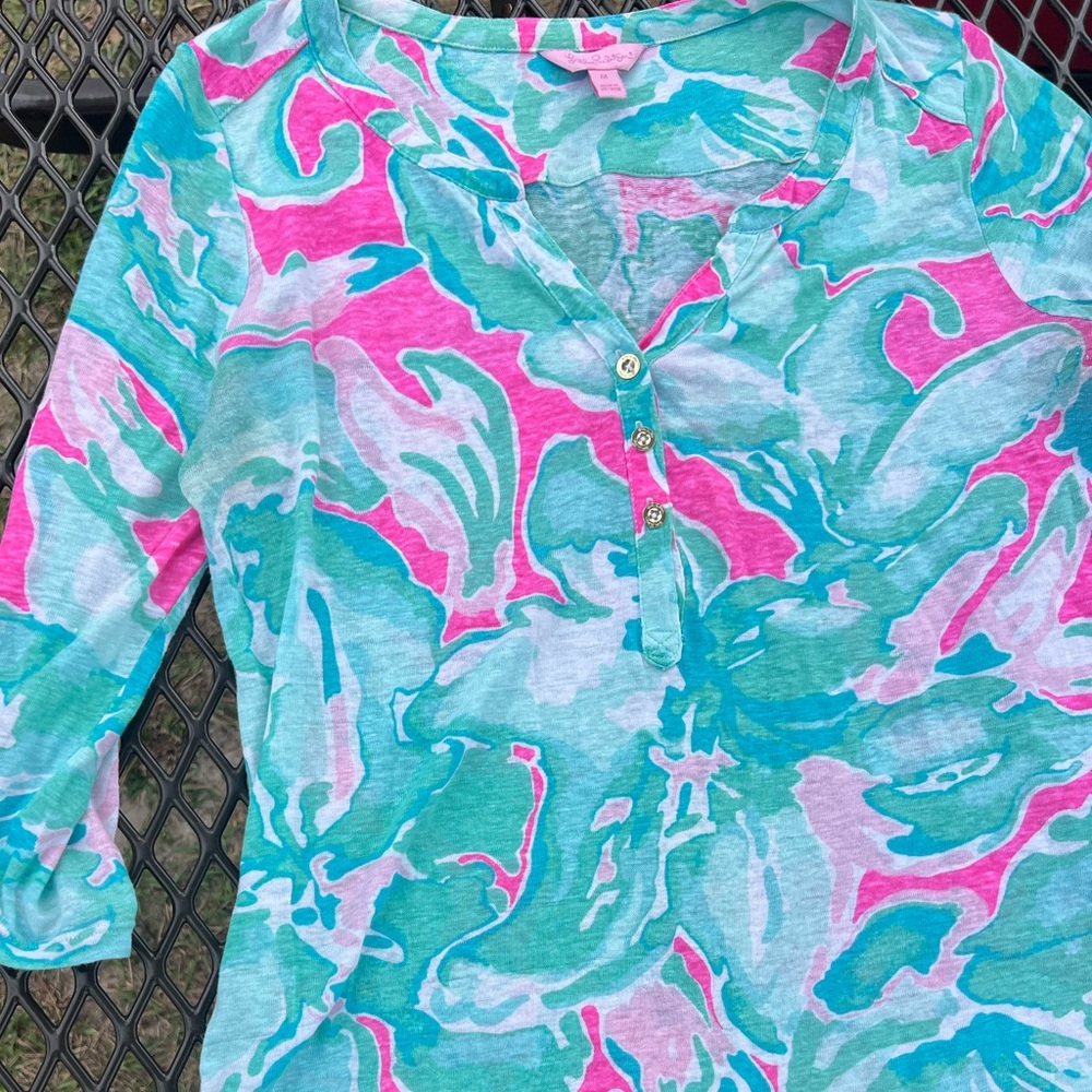LILLY PULITZER Mindy Tunic Top Tropical Pink Sands V-Neck Linen Shirt Medium - Picture 11 of 11
